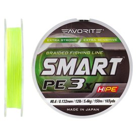 Шнур Favorite Smart PE 3x 150м #0.6/0.132mm 12lb/5.4kg желтый флюоресцентный (1693.10.56), Диаметр, мм: 0.132 мм, Разрывная нагрузка, кг : 5.4