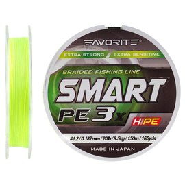 Шнур Favorite Smart PE 3x 150м #1.2/0.187mm 20lb/9.5kg желтый флюоресцентный (1693.10.59), Диаметр, мм: 0.187 мм, Разрывная нагрузка, кг : 9.5