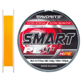 Шнур Favorite Smart PE 4x 150м #0.5/0.117мм 3.6кг оранжевый (1693.10.40), Диаметр, мм: 0.117 мм, Разрывная нагрузка, кг : 3.6 кг