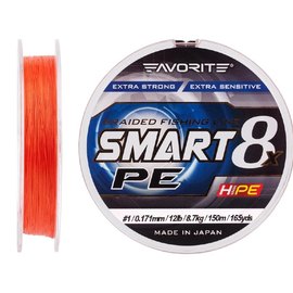 Шнур Favorite Smart PE 8x 150м #1/0.171mm 12lb/8.7kg красно-оранжевый (1693.10.82), Диаметр, мм: 0.171 мм, Разрывная нагрузка, кг : 8.7