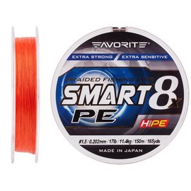 Шнур Favorite Smart PE 8x 150м #1.5/0.202mm 17lb/11.4kg красно-оранжевый (1693.10.84), Диаметр, мм: 0.202 мм, Разрывная нагрузка, кг : 11.4