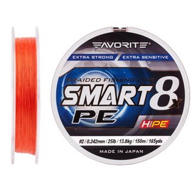 Шнур Favorite Smart PE 8x 150м #2/0.242mm 25lb/13.8kg красно-оранжевый (1693.10.85), Диаметр, мм: 0.242 мм, Разрывная нагрузка, кг : 13.8