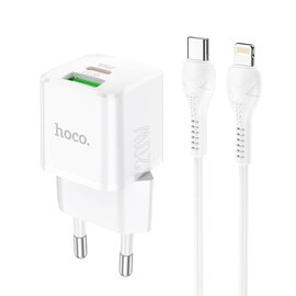 Зарядное устройство Hoco Type-C to Lightning Cable Prestige charger set N20 1USB/1Type-C, 20W, 3A, QC/PD White (000007852), изображение 2