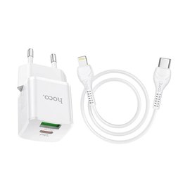 Зарядное устройство Hoco Type-C to Lightning Cable Prestige charger set N20 1USB/1Type-C, 20W, 3A, QC/PD White (000007852), изображение 5