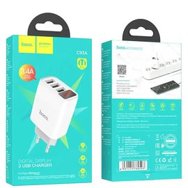 Зарядний пристрій Hoco Easy charge digital display charger C93A 3USB, 3.4A White (000008522), зображення 4