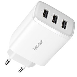 Зарядное устройство Baseus Compact Charger 3U 17W EU 3USB, QC, 3.4A White (000009268), Цвет: White, изображение 2