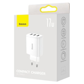 Зарядное устройство Baseus Compact Charger 3U 17W EU 3USB, QC, 3.4A White (000009268), Цвет: White, изображение 4