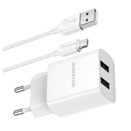 Зарядное устройство Borofone Micro USB Cable Powerway dual port charger set BA53A 2USB, 2.1A White (000008850), изображение 2