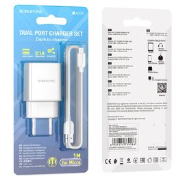 Зарядное устройство Borofone Micro USB Cable Powerway dual port charger set BA53A 2USB, 2.1A White (000008850), изображение 3