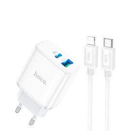 Зарядное устройство Hoco Type-C to Lightning Cable Stage dual Port charger set C105A 1USB/1Type-C, 20W/3A, PD/QC White (000009295), изображение 4