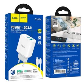 Зарядний пристрій Hoco Type-C to Type-C Cable Stage dual Port charger set C105A 1USB/1Type-C, 20W/3A, PD/QC White (000009296), зображення 5