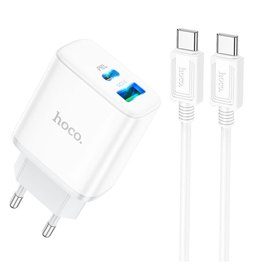 Зарядний пристрій Hoco Type-C to Type-C Cable Stage dual Port charger set C105A 1USB/1Type-C, 20W/3A, PD/QC White (000009296), зображення 6