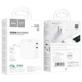 Зарядний пристрій Hoco Lucky dual-port charger C110A 2Type-C, 35W/3A, PD/QC White (000010260), зображення 3