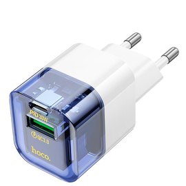 Зарядний пристрій Hoco Platinum dual-port C131A 1USB/1Type-C, 30W/3A, PD/QC Transparent/Blue (000010366), Колір: Blue/White, зображення 3