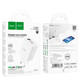 Зарядний пристрій Hoco Type-C to Lightning cable Pure power three-port C126A 1USB/2Type-C, 40W/3A, PD/QC White (000009986), зображення 5