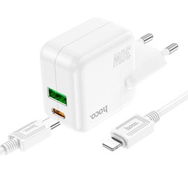 Зарядний пристрій Hoco Type-C to Lightning Cable Lucky dual-port charger set C111A 1USB/1Type-C, 30W/3A, PD/QC White (000009297), зображення 4