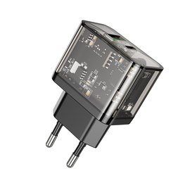 Зарядное устройство Hoco Dazzling dual-port N34 1USB/1Type-C, 20W/3A, PD/QC Transparent/Black (000009990), изображение 5