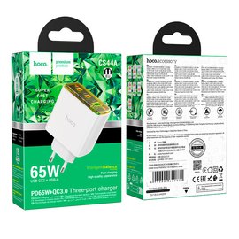 Зарядний пристрій Hoco  Smart charger CS44A 2Type-C/1USB, QC/PD, 65W/3A White (000010649), Колір: White, зображення 4