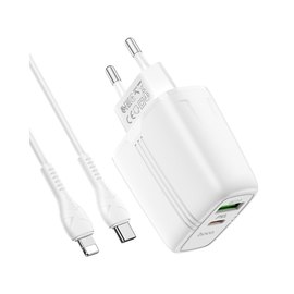Зарядное устройство Hoco Type-C to Lightning Cable Powerful dual Port charger set N11 1USB/1Type-C, PD/QC, 20W/3A White (000007685), изображение 3