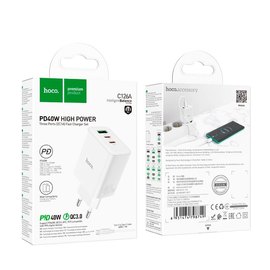Зарядний пристрій Hoco Type-C to Type-C cable Pure power three-port C126A 1USB/2Type-C, 40W/3A, PD/QC White (000009987), зображення 2