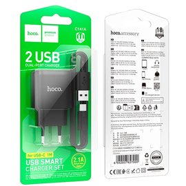 Зарядное устройство Hoco Type-C Cable Cable Smart Dual-port charger C141A 2USB. 2.1A/10.5W Black (000010917), изображение 5