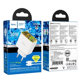 Зарядное устройство Hoco Smart charger Type-C to Type-C Cable set CS42A 1Type-C/1USB, 30W/3A, PD/QC White (000010809), Цвет: White, изображение 4