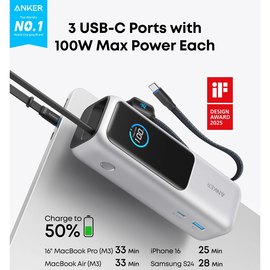 Повербанк Anker 25000 mAh 165W PD Built-In Double USB-C Cables Silver (A1695H41), зображення 6