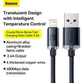 Кабель Baseus Lightning Crystal Shine Series 1.2m, 2.4A Black (CAJY000001), изображение 3