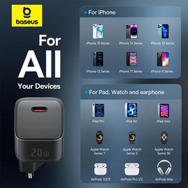 Зарядное устройство Baseus Gan5 Fast Charger 1Type-C, 20W/3A, PD/QC Black (P10162503113-00), изображение 6