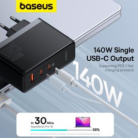 Зарядное устройство Baseus GaN5 Pro Digital Fast Charger 2C+U, 160W/3A, PD3.1/QC (With C to C 240W cable) Black (P10110825113-00), изображение 4