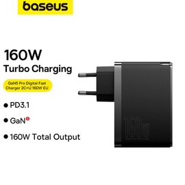 Зарядное устройство Baseus GaN5 Pro Digital Fast Charger 2C+U, 160W/3A, PD3.1/QC (With C to C 240W cable) Black (P10110825113-00), изображение 6