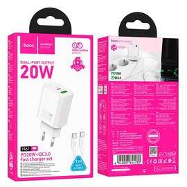 Зарядное устройство HOCO Gentle charger N61 (Type-C to Type-C set) 1USB/1Type-C, 20W/3A, PD/QC White (6942007644280), Цвет: White, изображение 4