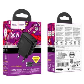 Зарядний пристрій HOCO Type-C to Type-C Cable Bright charger set CS61A 1USB/1Type-C, 30W/3A Black (6942007638449), зображення 3