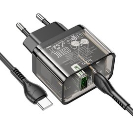 Зарядное устройство HOCO Type-C to Type-C cable dazzling dual-port N34 1USB/1Type-C, 20W/3A, PD/QC Transparent-Black (6931474799180)