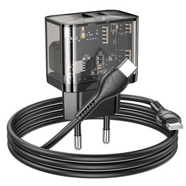 Зарядное устройство HOCO Type-C to Type-C cable dazzling dual-port N34 1USB/1Type-C, 20W/3A, PD/QC Transparent-Black (6931474799180), изображение 3