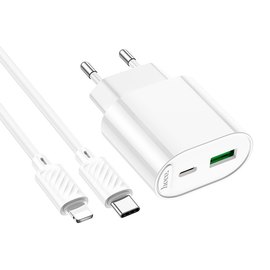 Зарядное устройство HOCO Type-C to Lightning Fighter charger set C109A 1Type-C/1USB, 3A/20W, PD/QC White (6942007656726)