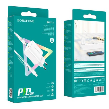 Зарядное устройство Borofone Type-C to Lightning cable Easy Speed single port charger BA57A Type-C, 20W/3A, PD/QC White (000008216), изображение 6