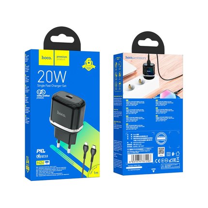 Зарядное устройство Hoco Type-C to Lightning Cable Victorious single port charger set N24 1Type-C, 20W/3A, PD/QC Black (000008531), Цвет: Black, изображение 4