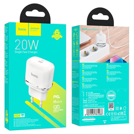 Зарядное устройство Hoco Type-C to Type-C Cable Victorious single port charger set N24 1Type-C, 20W/3A, PD/QC White (000008534), Цвет: White, изображение 2