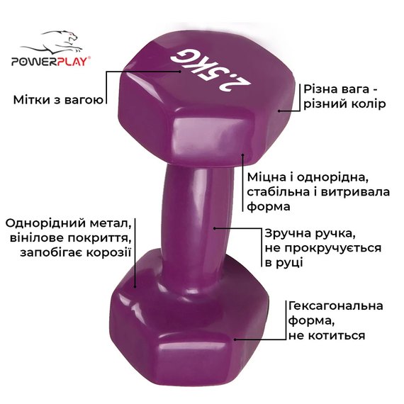 Гантель PowerPlay 4125 виниловая 2.5 кг фиолетовая (PP_4125_2.5kg), Вес: 2.5 кг, изображение 4