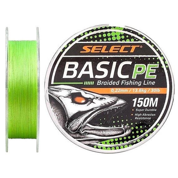 Шнур Select Basic PE 150m 0.22mm 30lb/13.6kg салатовий (1870.18.69), Діаметр, мм : 0.22 мм, Розривне навантаження, кг : 13.6