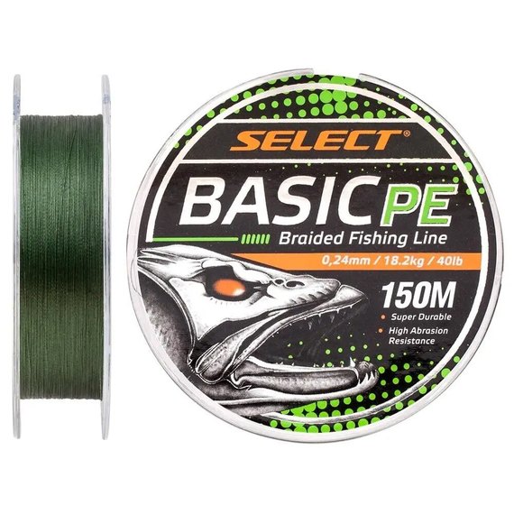 Шнур Select Basic PE 150m 0.24mm 40lb/18.2kg темно-зелений (1870.18.73), Діаметр, мм : 0.24 мм, Розривне навантаження, кг : 18.2