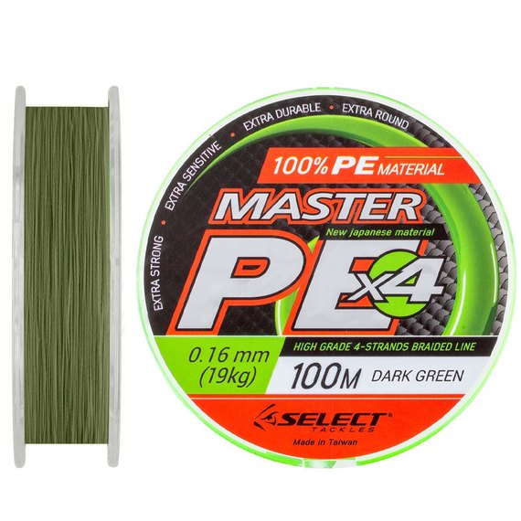 Шнур Select Master PE 100m 0.16mm 19kg темно-зеленый (1870.01.45), Диаметр, мм: 0.16 мм, Разрывная нагрузка, кг : 19