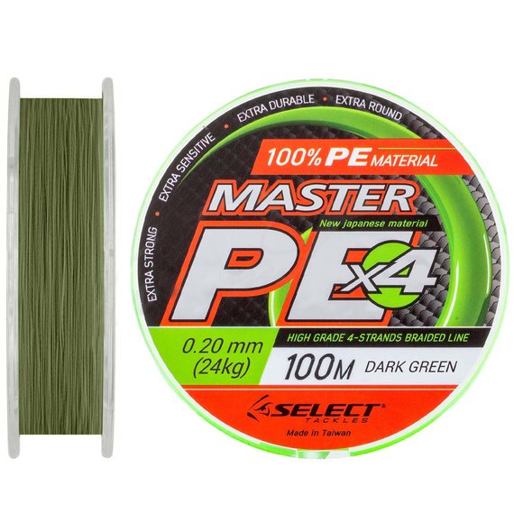 Шнур Select Master PE 100m 0.20mm 24kg темно-зеленый (1870.01.47), Диаметр, мм: 0.20 мм, Разрывная нагрузка, кг : 24