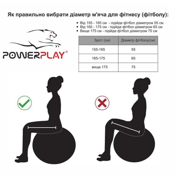 М'яч для фітнесу (фітбол) PowerPlay 4001 Ø65 cm Gymball Сірий + насос (PP_4001_65_Grey), Колір: Сірий, зображення 4