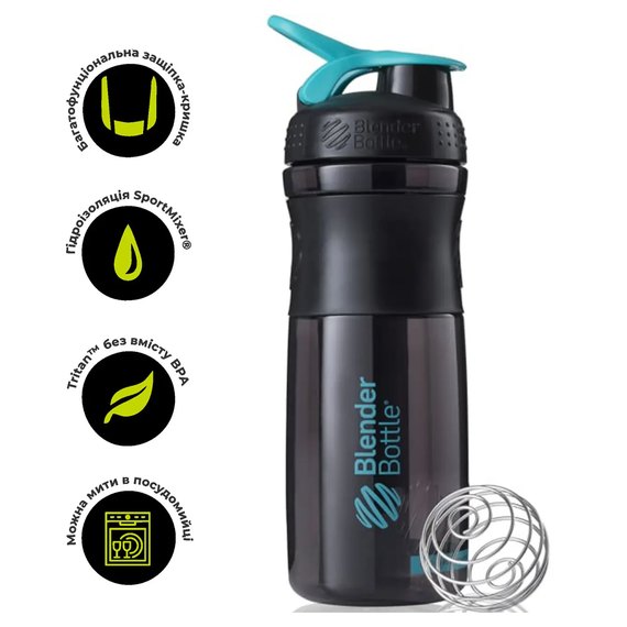 Шейкер спортивный BlenderBottle SportMixer Flip 28oz/820ml Black/Teal (SM 28oz Black/Teal), Цвет: Black/Teal, изображение 2