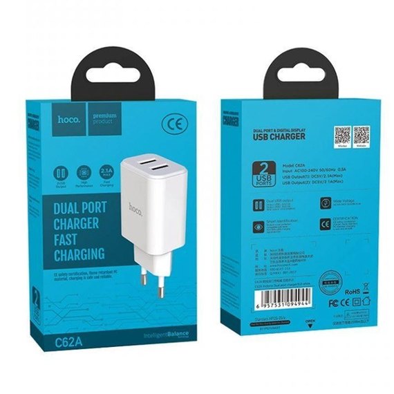 Зарядний пристрій Hoco Lightning cable Victoria C62A 2USB, 2.1А White (000001962), зображення 4