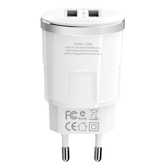 Зарядное устройство Hoco Thunder C38A 2USB, 2.4A White (000001743), изображение 2