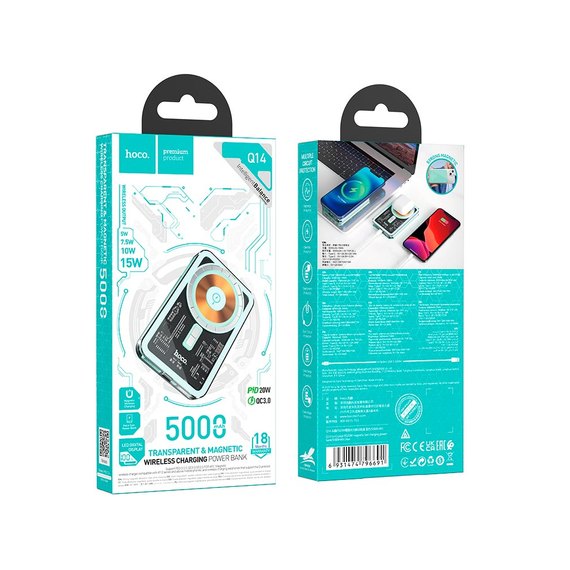 Повербанк HOCO Ice Crystal magnetic fast charging Q14 5000 mAh Blue (000010234), Колір: Блакитний, зображення 2