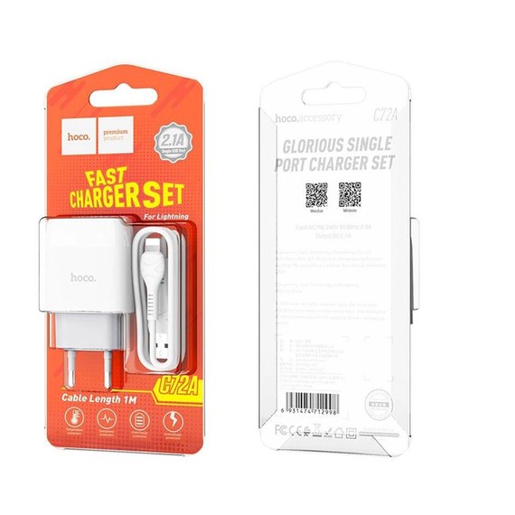 Зарядний пристрій  Hoco Lightning Cable Glorious C72A 1USB, 2.1A White (000003939), зображення 3